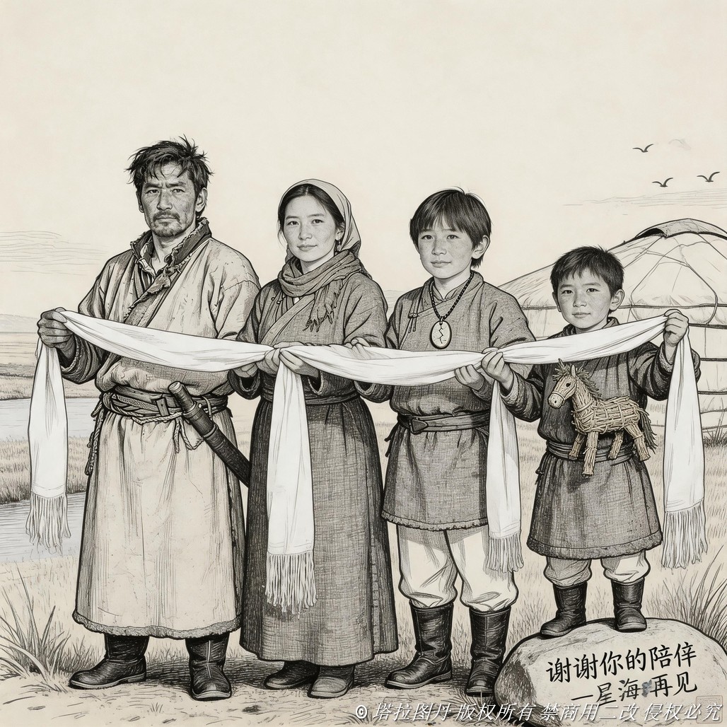 jimeng-2026-05-07-8874-正面描述： 四个人 黑白线描，白描勾线，仿钢笔手绘，略带版画肌理，纯黑白，无任....jpg