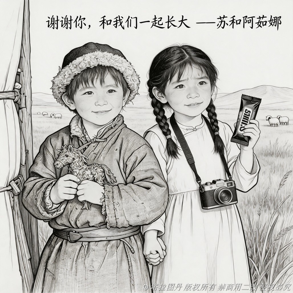 jimeng-2026-05-07-4196-指令五 · 草原上，苏和与阿茹娜（双人童年友谊，感恩寄语） 正面描述： 黑白线描....jpg